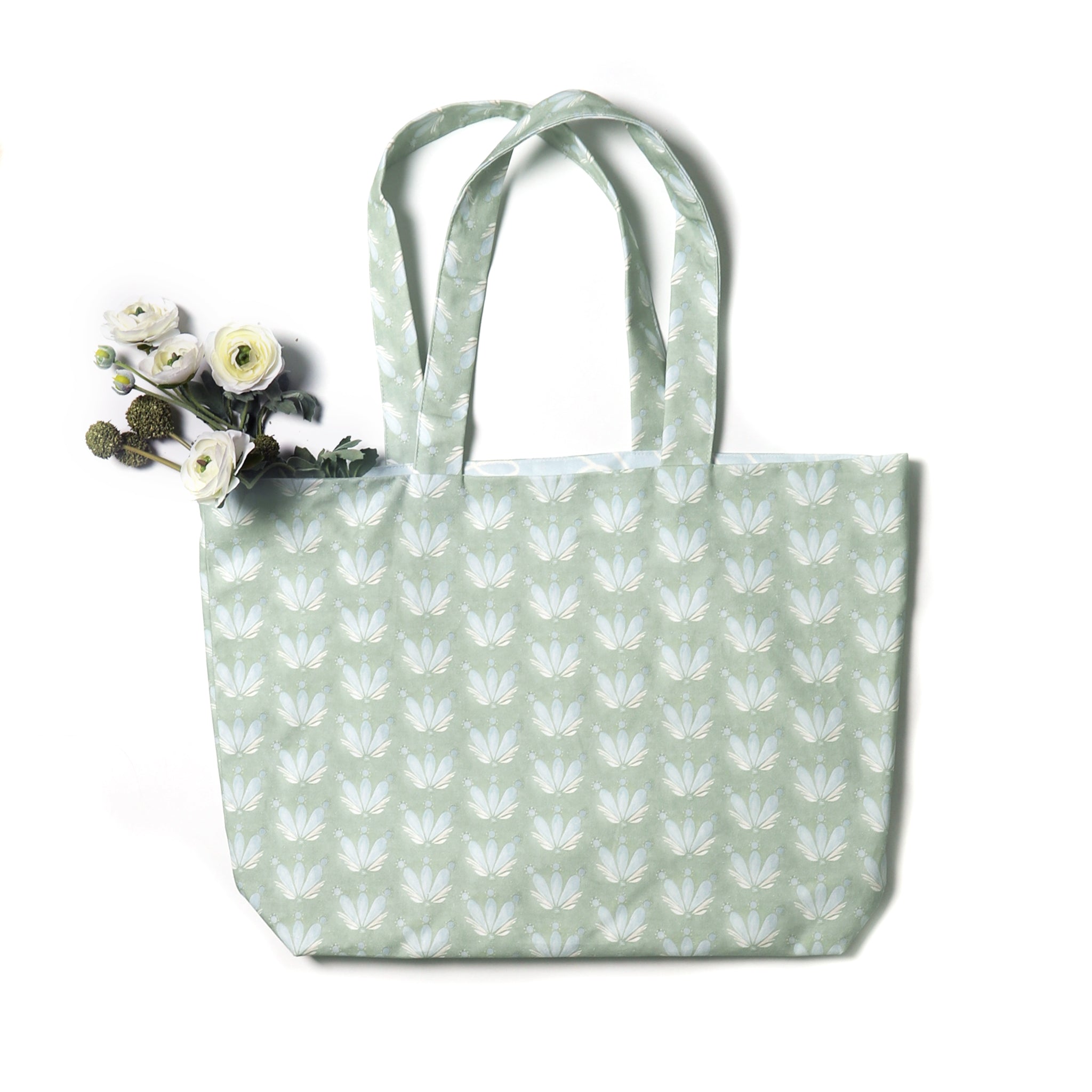Blue & Green Floral Drop Repeat Printed Tote Bag with flowers inside