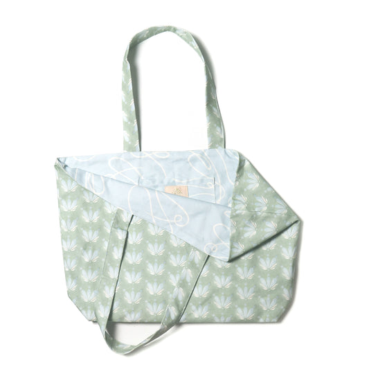 Blue & Green Floral Drop Repeat Printed Tote Bag opened with Powder Blue Abstract Printed inside