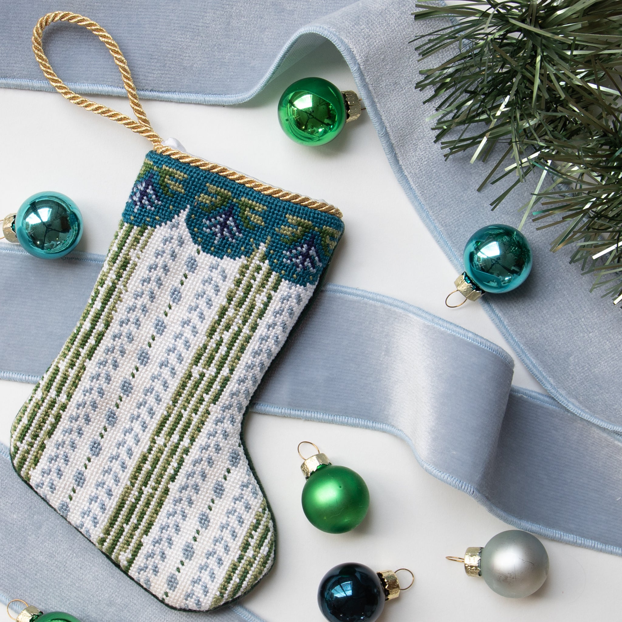 Blue & Green Striped Hand Sown Mini Bauble Stocking with with Sky Blue Velvet Band and Christmas ornaments
