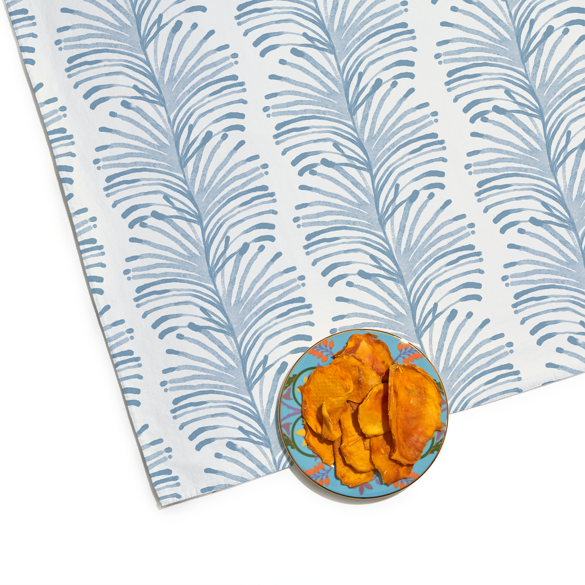 Sky Blue Botanical Stripe Printed Tablecloth Close-up with food in plate on top