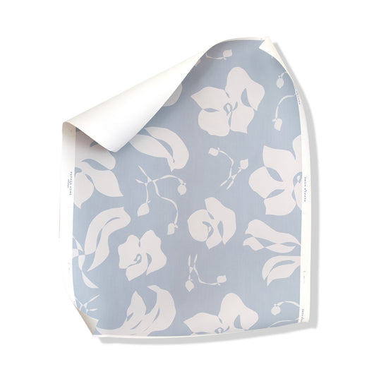 Georgia Cornflower abstract botanical print wallpaper in soft cornflower blue by Pepper Home, perfect for custom decor projects.