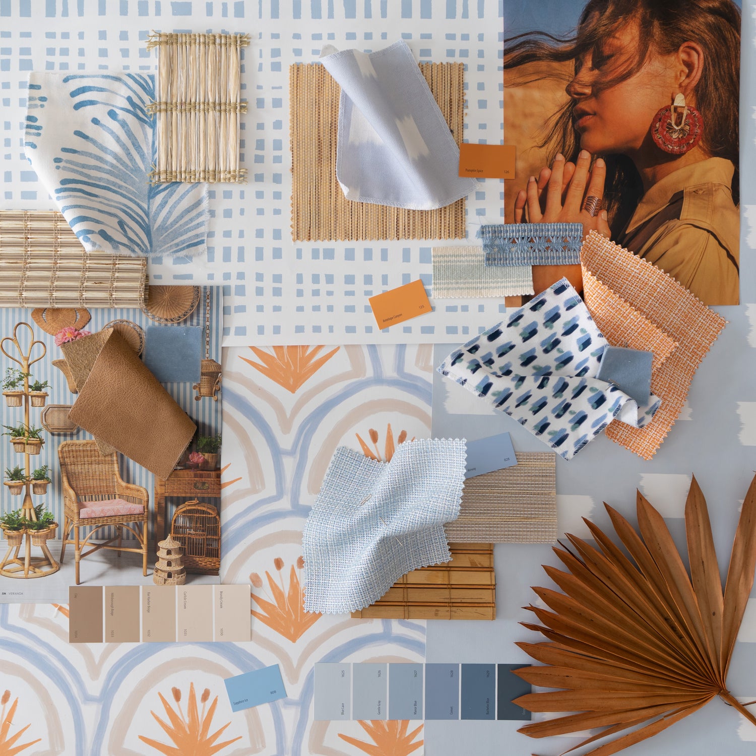 Interior design moodboard and fabric inspirations with Sky Blue Pattern Printed swatch, Navy and Blue Printed Swatch, sky blue printed swatch, Art Deco Palm Pattern Swatch, and orange touches throughout