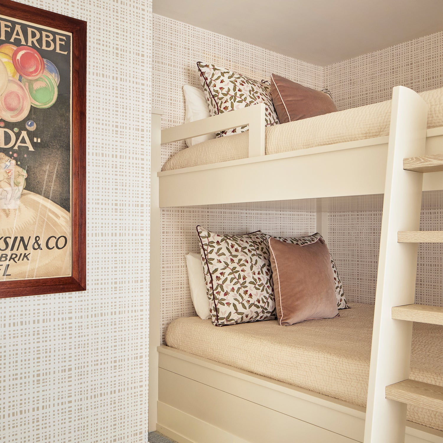 Bedroom corner styled with Beige Gingham Printed Wallpaper by bunk beds with a Strawberry & Botanical Printed Pillow and a Mauve Velvet Pillow on each