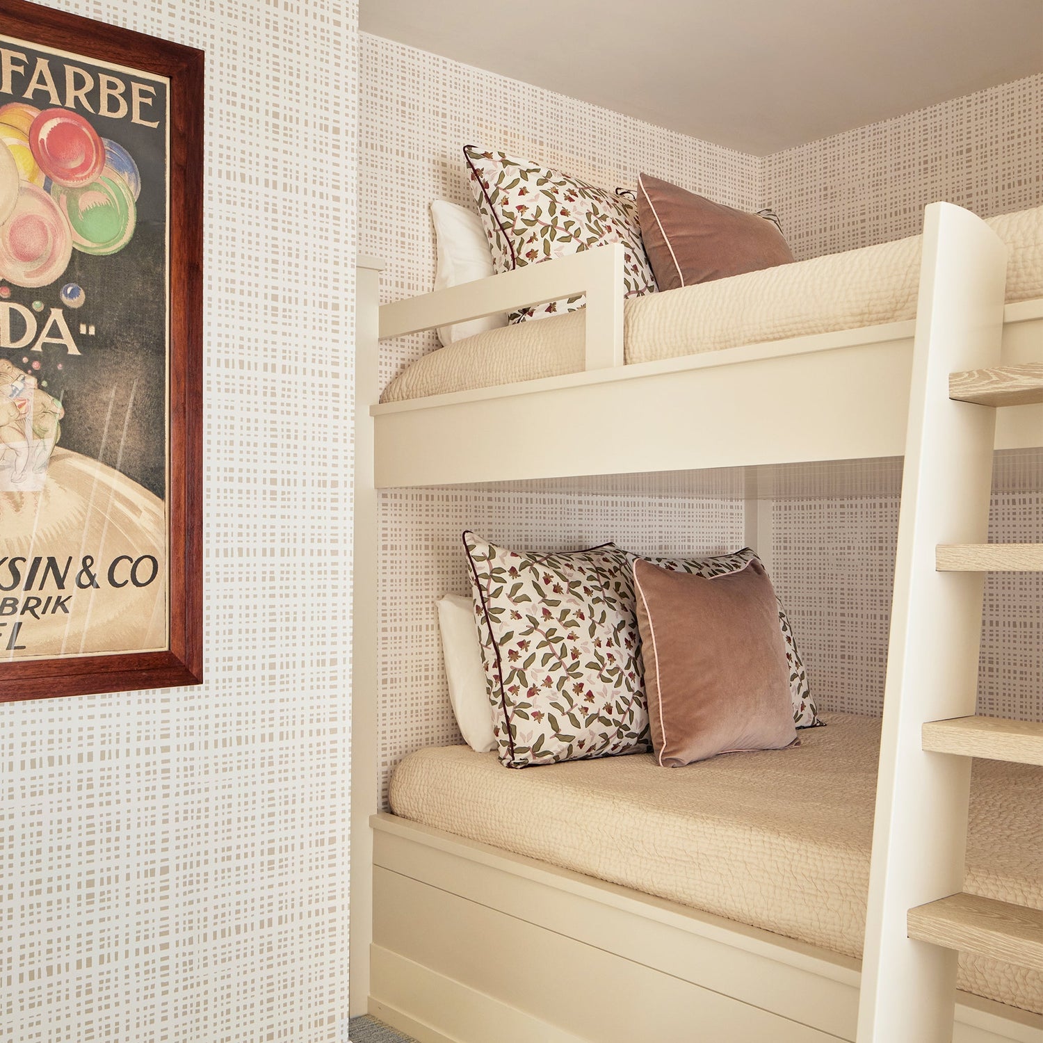 Nellie Pillow - Euro w. Raspberry Piping with leafy and berry design on bunk beds in warm neutral room setting.