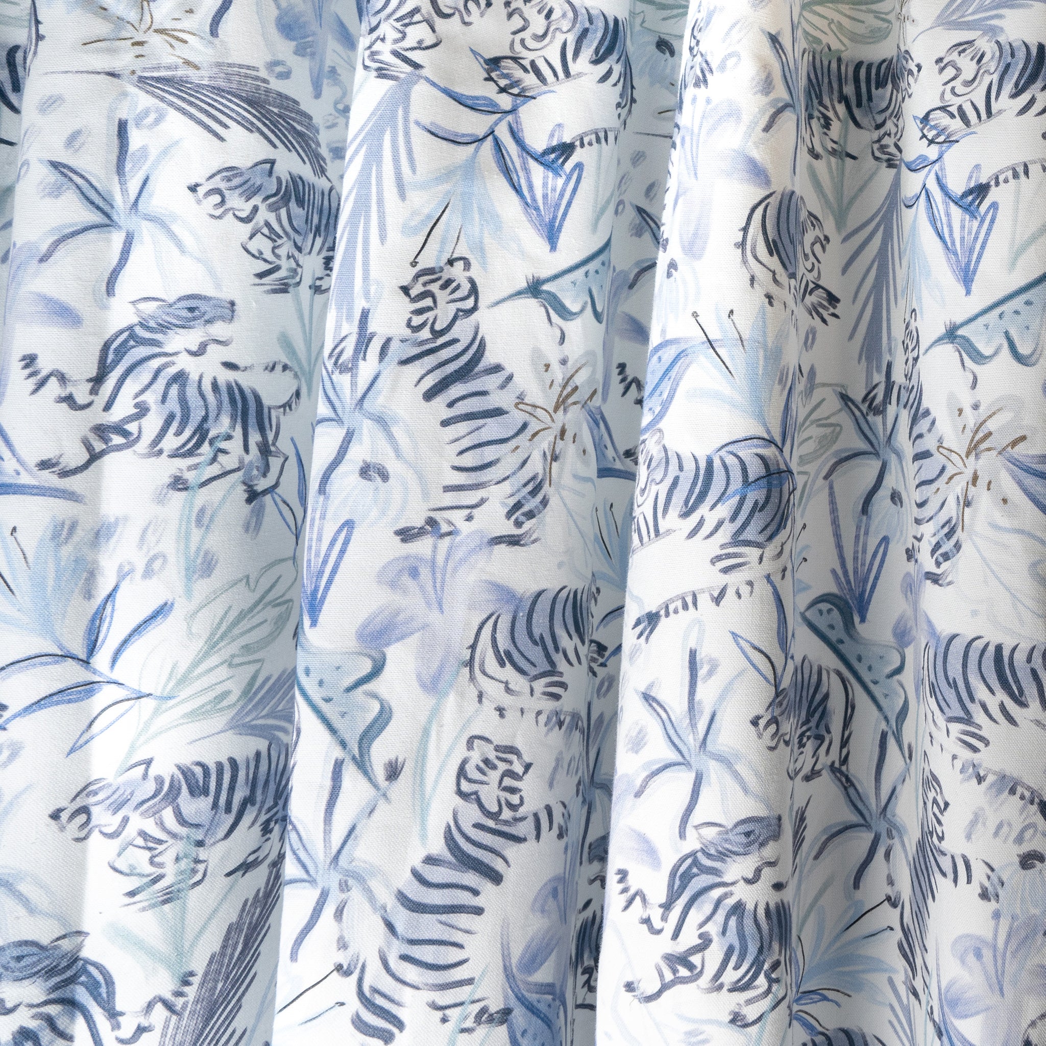 Blue With Intricate Tiger Design Printed Curtain Close-Up