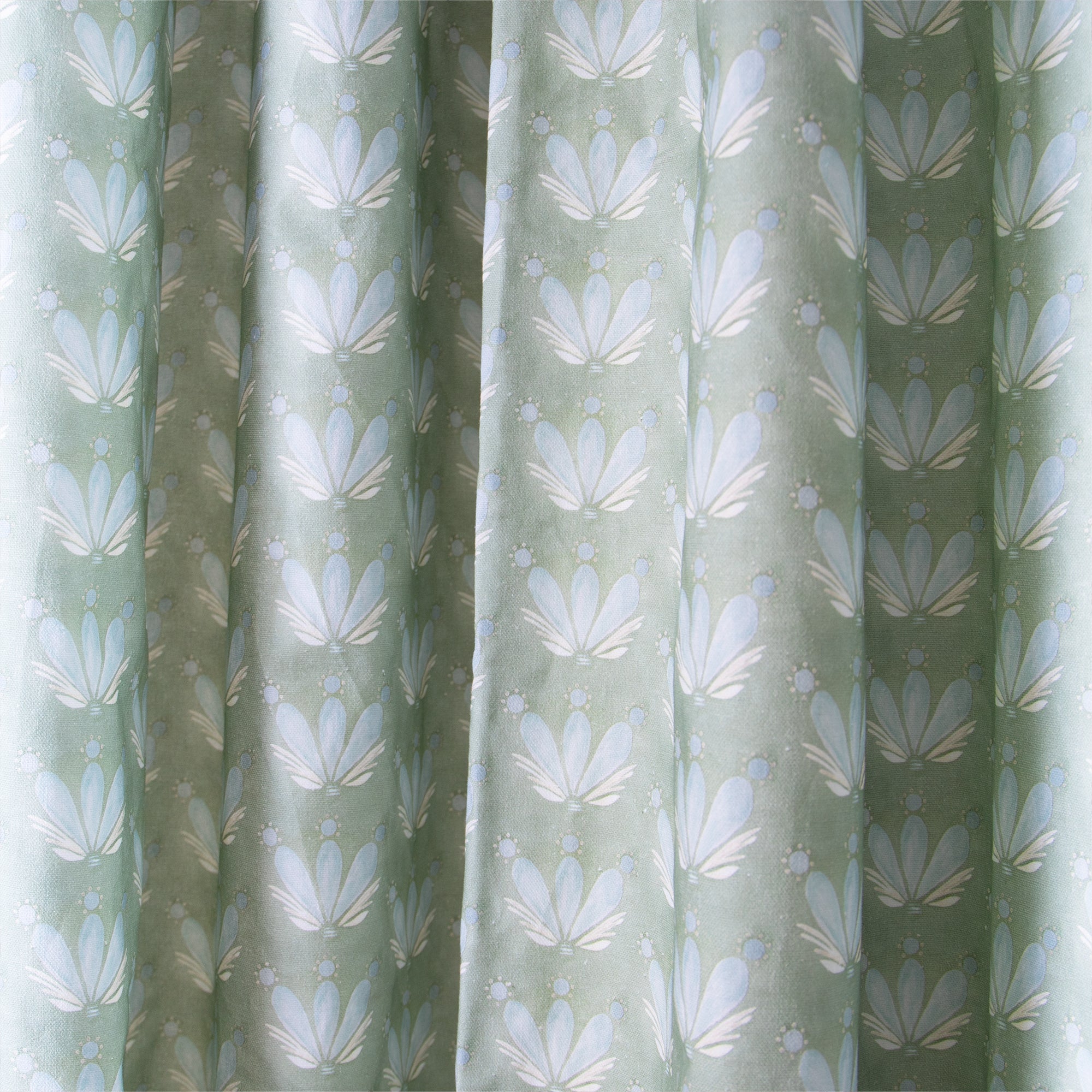 Blue & Green Floral Drop Repeat Printed Curtain Close-up