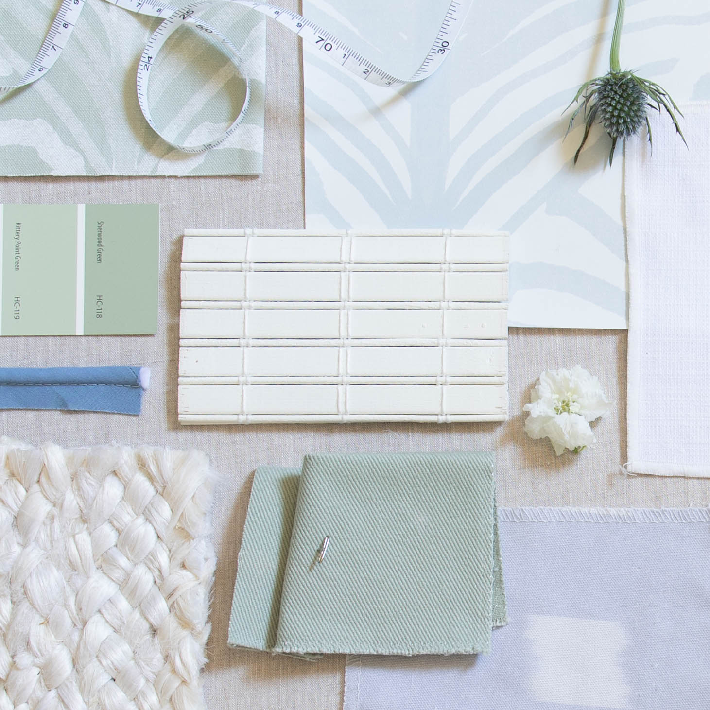 Interior design moodboard and fabric inspirations with Sage Green Swatch, Sky Blue Pattern Printed Swatch, Sage Green Palm Printed Swatch and Sky Blue Palm Printed Swatch