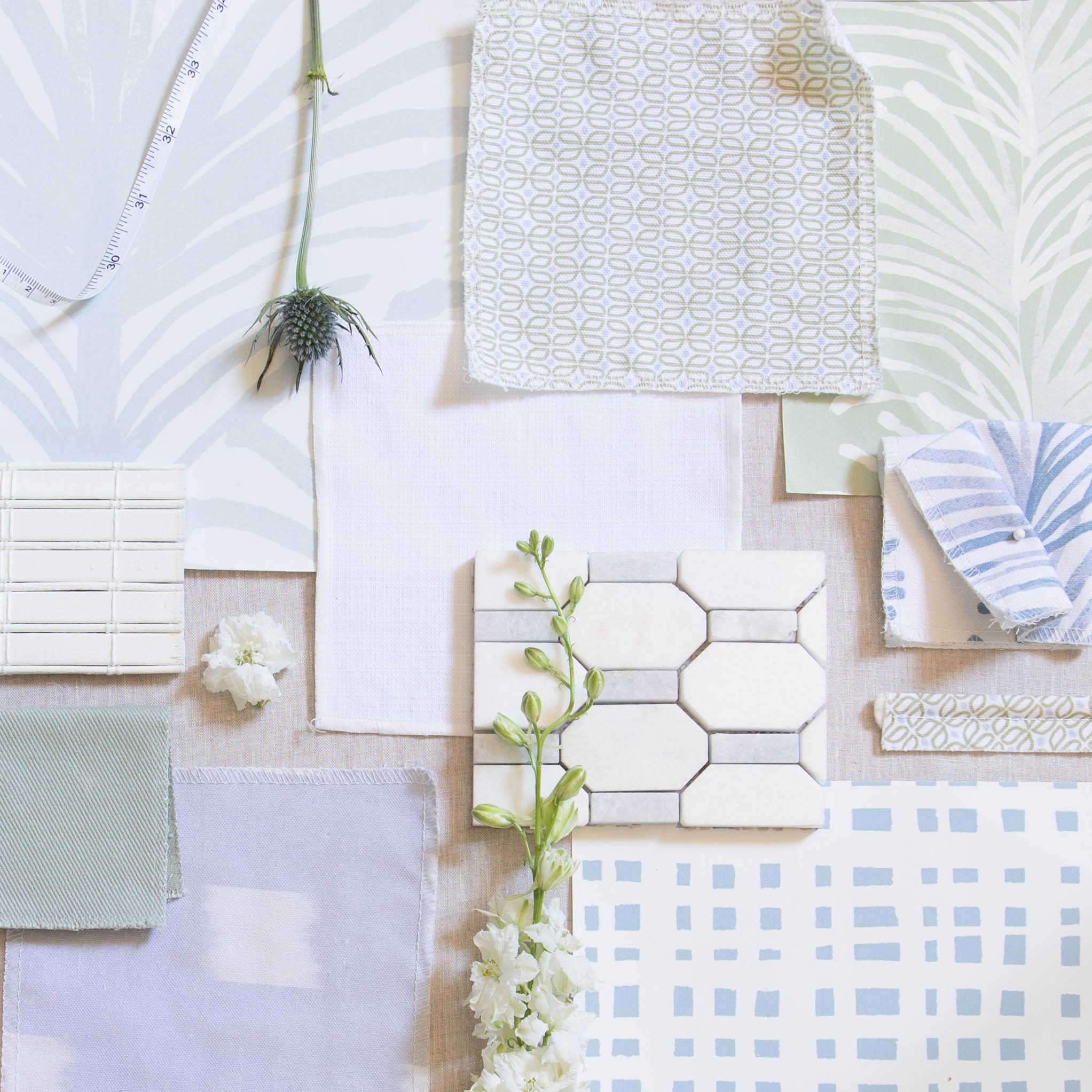 Interior design moodboard and fabric inspirations with Sky Blue Pattern Printed Swatch, Sky Blue Gingham Printed Swatch, Moss Green Geometric Printed Swatch, and Sky Blue Botanical Stripe Printed Swatch