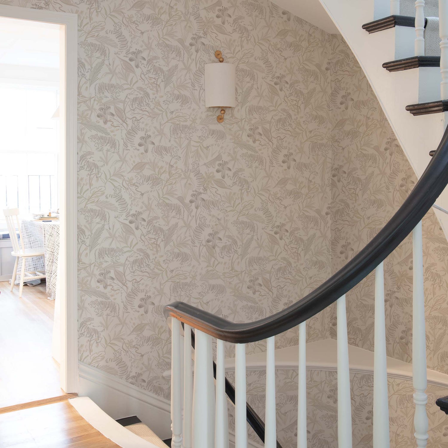 Staircase styled with Beige Chinoiserie Tiger Printed Wallpaper 