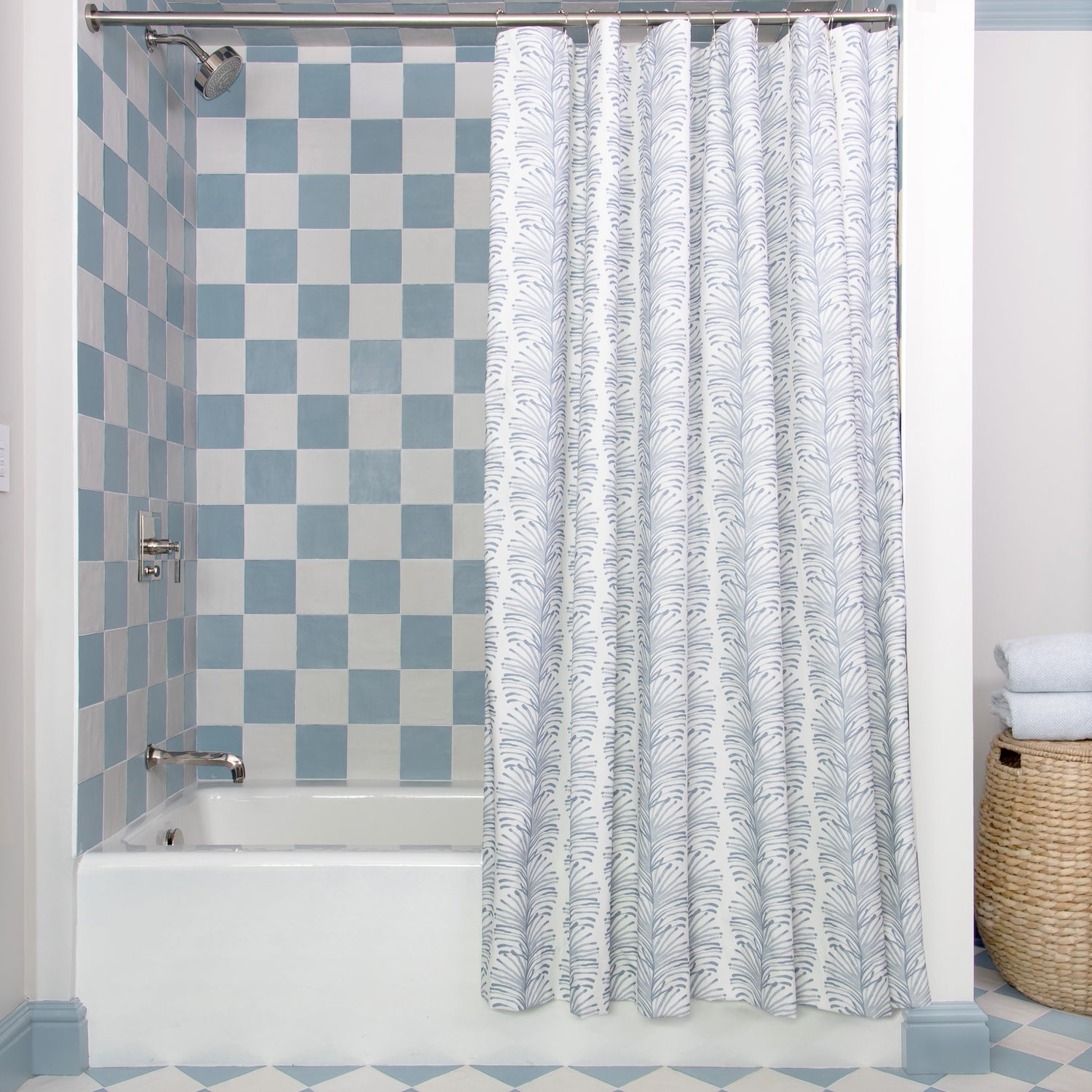 Bath styled with Sky Blue Botanical Stripe Shower Curtain on metal rod with blue and white checkered wallpaper