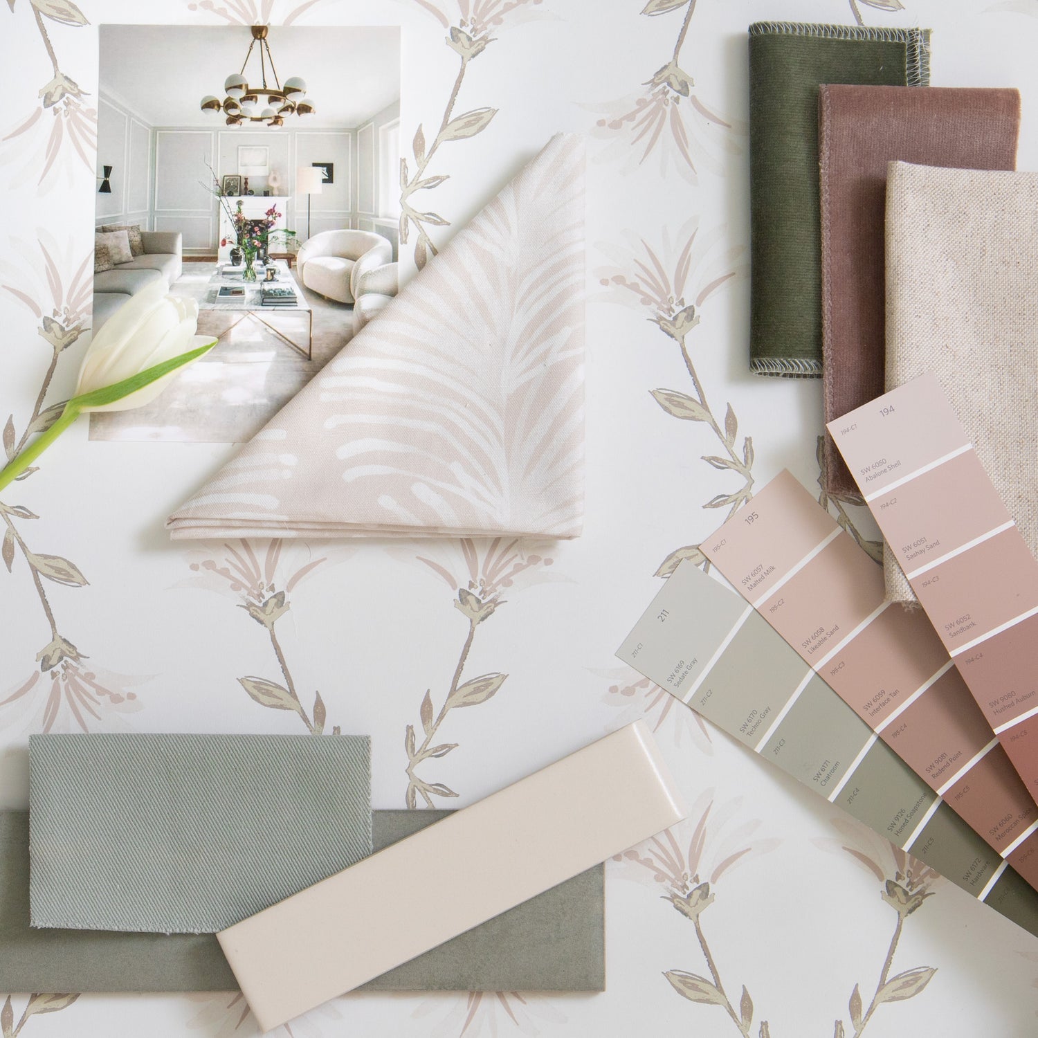 Interior design moodboard and fabric inspirations with Beige Botanical Stripe Printed Swatch, Fern Green Velvet Swatch, Mauve Velvet Swatch, and Cream Floral Wallpaper