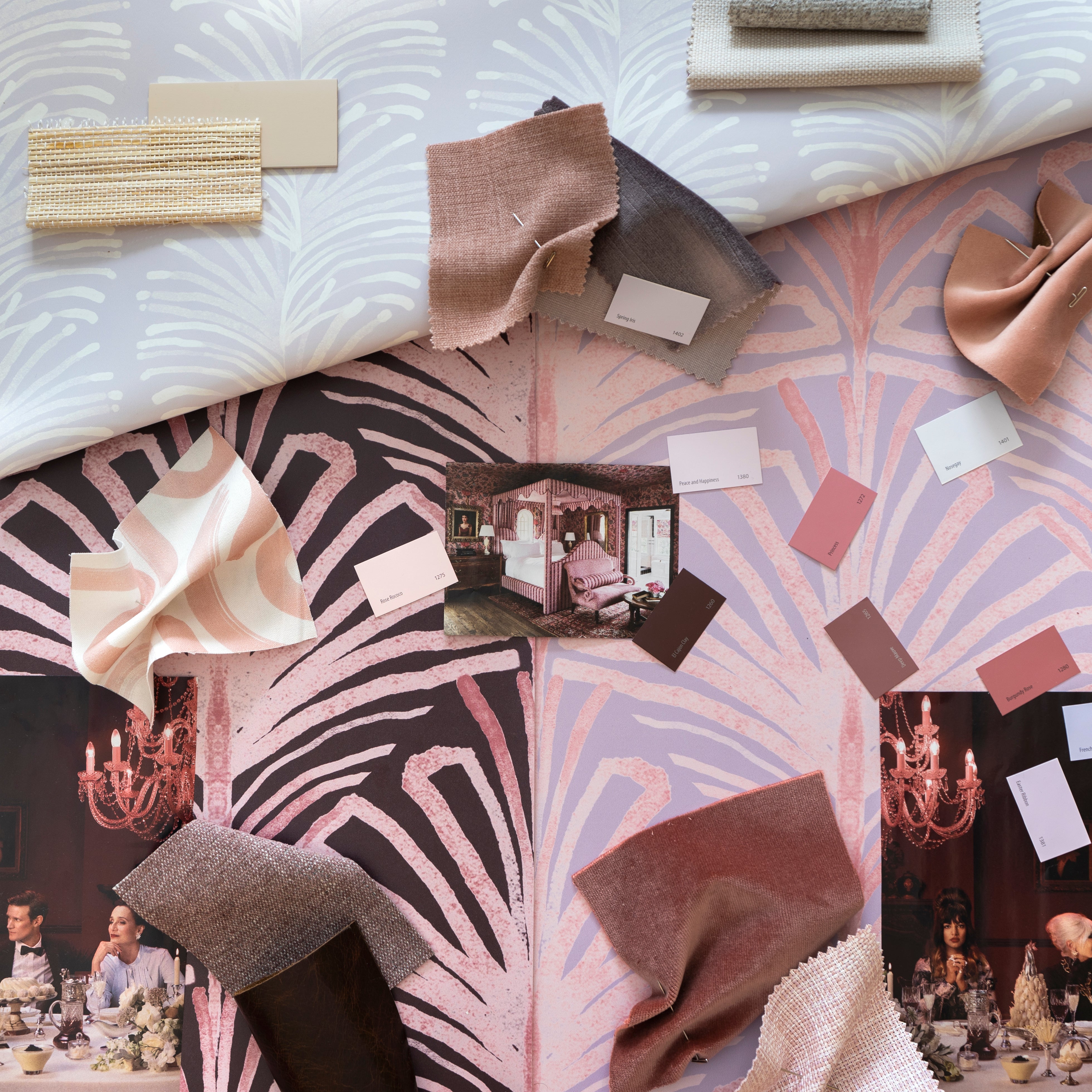 Interior design moodboard and fabric inspirations with Coral Velvet swatch, Pink Graphic printed cotton swatch, and Light Pink Velvet swatch