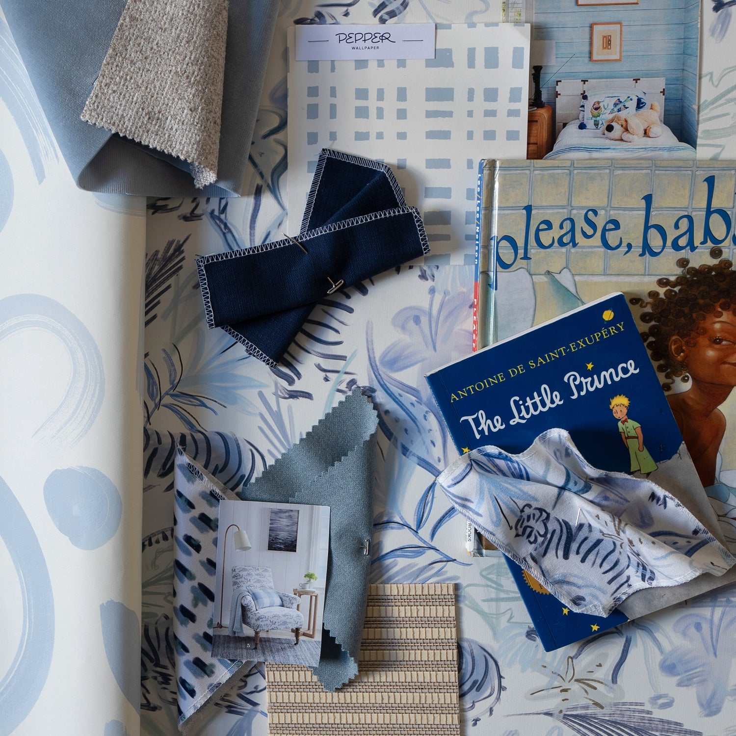 Interior design moodboard and fabric inspirations with Blue Chinoiserie Tiger Printed Swatch, Sky Blue Gingham Printed Swatch, Sky and Navy Blue Poppy Printed Swatch, Sky Blue Swatch, and navy blue swatch