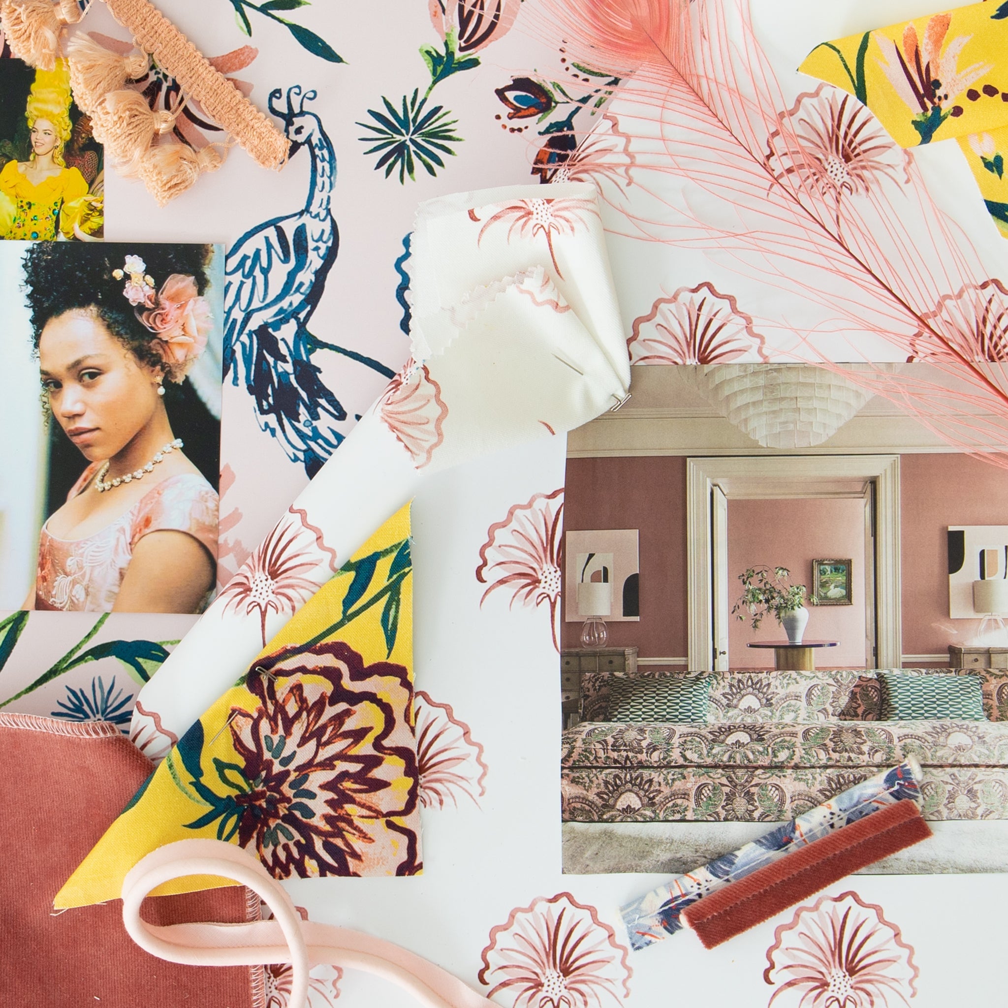 Interior design moodboard and fabric inspirations with Yellow Canary printed cotton, Rose Floral printed cotton swatch, and Coral Velvet swatch