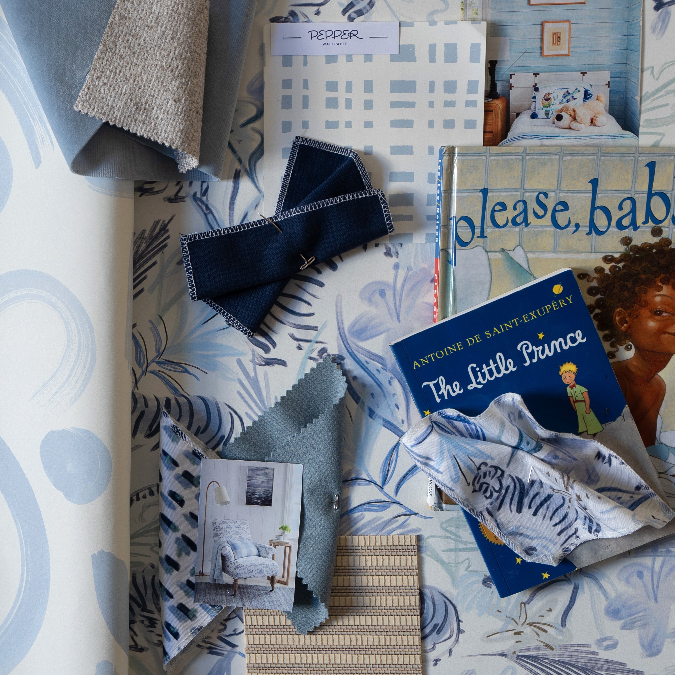 Interior design moodboard and fabric inspirations with Blue Chinoiserie Tiger Printed Swatch, Sky Blue Gingham Printed Swatch, Sky and Navy Blue Poppy Printed Swatch, Sky Blue Swatch, and navy velvet swatch