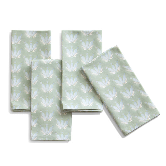 Four Folded Blue & Green Floral Drop Repeat Printed Napkins