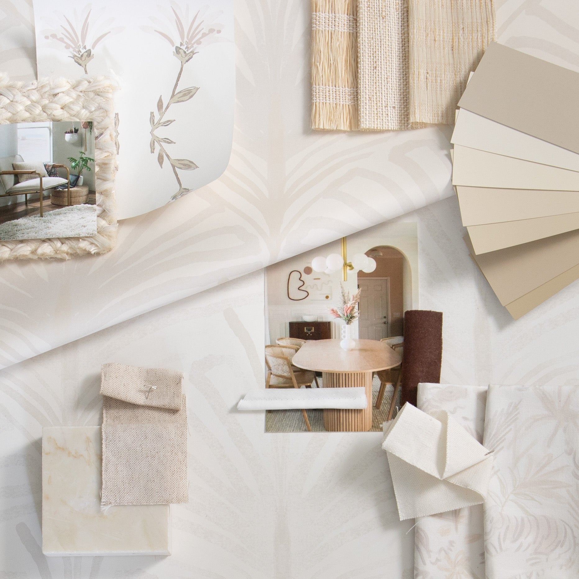 Interior design moodboard and fabric inspirations with Natural White Linen Swatch, Beige Botanical Stripe Printed Swatch, Linen Oat Swatch, and Beige Chinoiserie Tiger Printed Swatch
