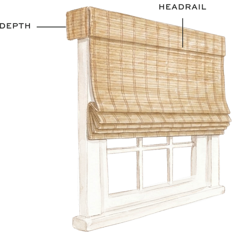 Woven wood shade showing headrail and depth